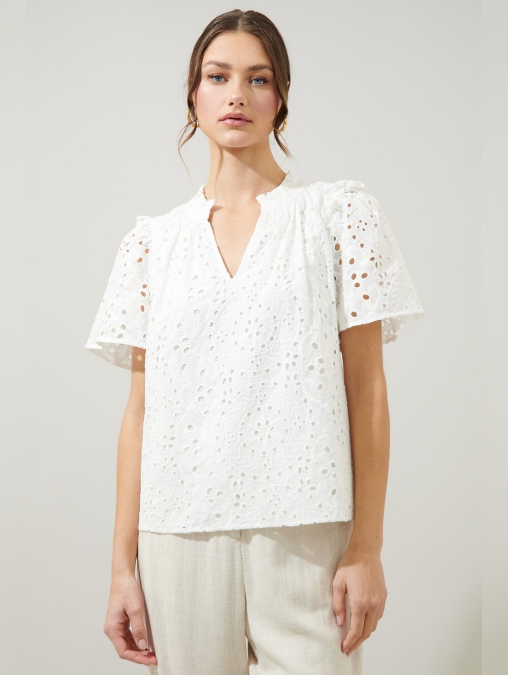 TUCKERNUCKWhite Eyelet Finley Flutter Sleeve Top, Sz Large